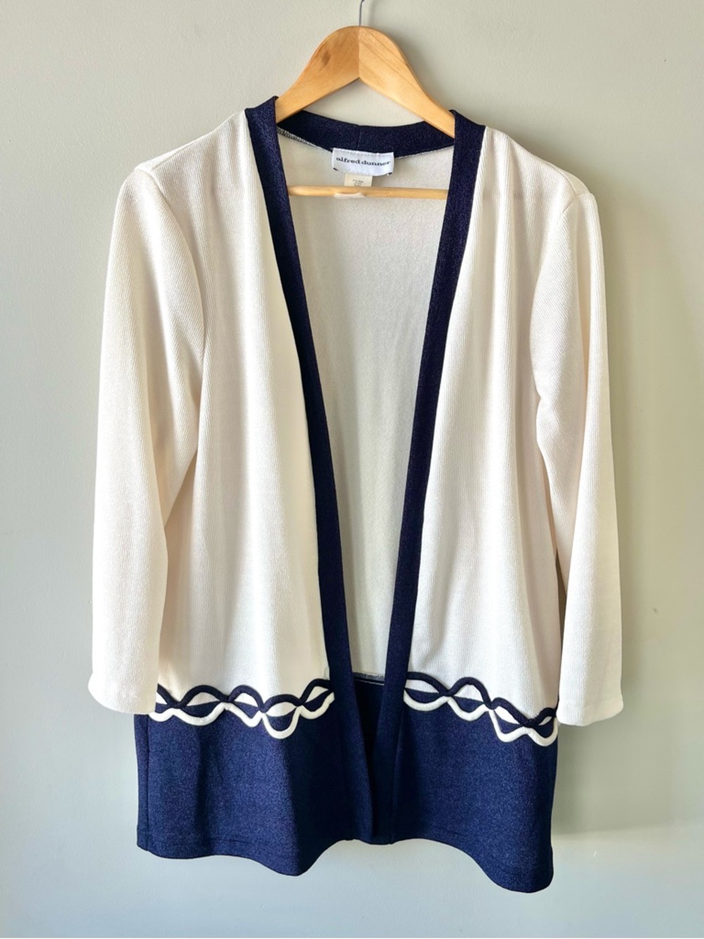 VTG Alfred Dunner Cream & Navy Open/Long Cardigan Decorative Waist Size Large